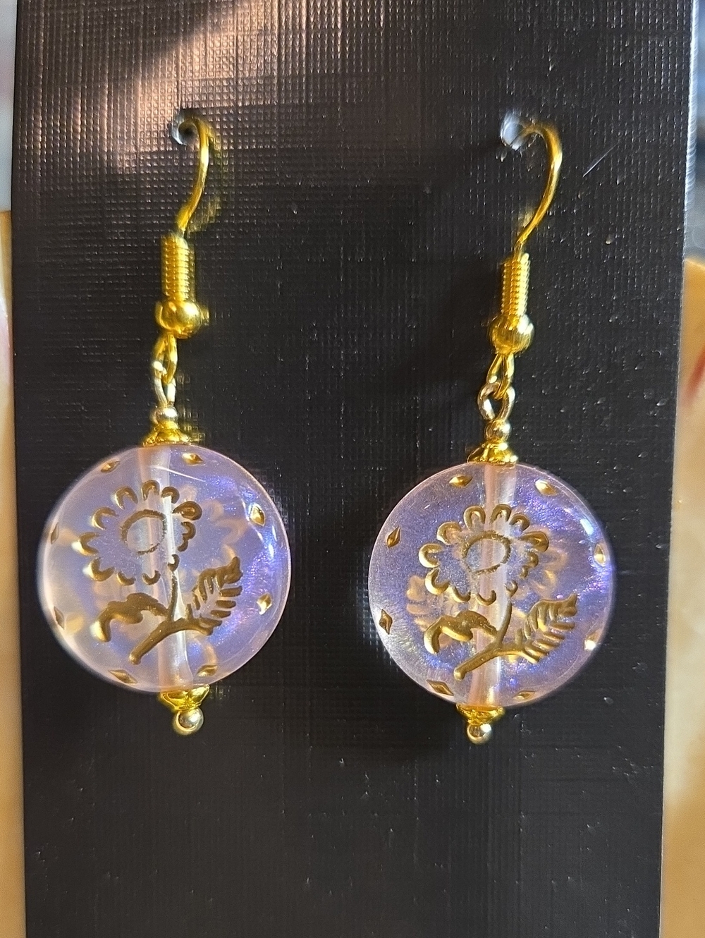 Gold Floral Lavender Drop Earrings by